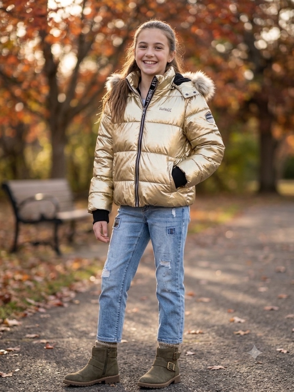 Hurley Metallic Gold Kids Puffer Jacket with Faux Fur Trim